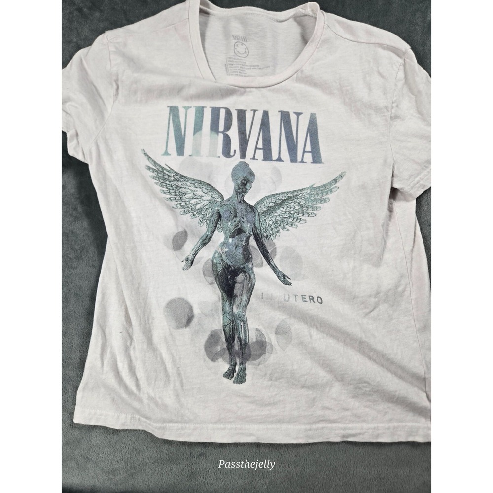 Nirvana T-Shirt Genuine Merch Utero Angel Distressed Fade Acid Wash White Tee